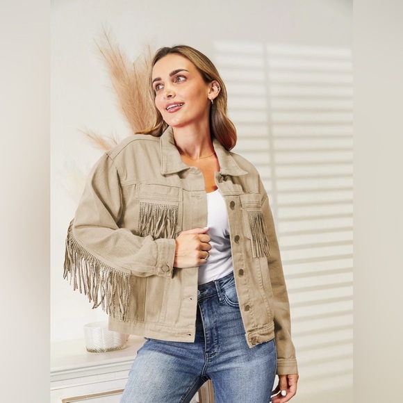 Jackets & Blazers - Tan Jean Jacket with Fringe Details